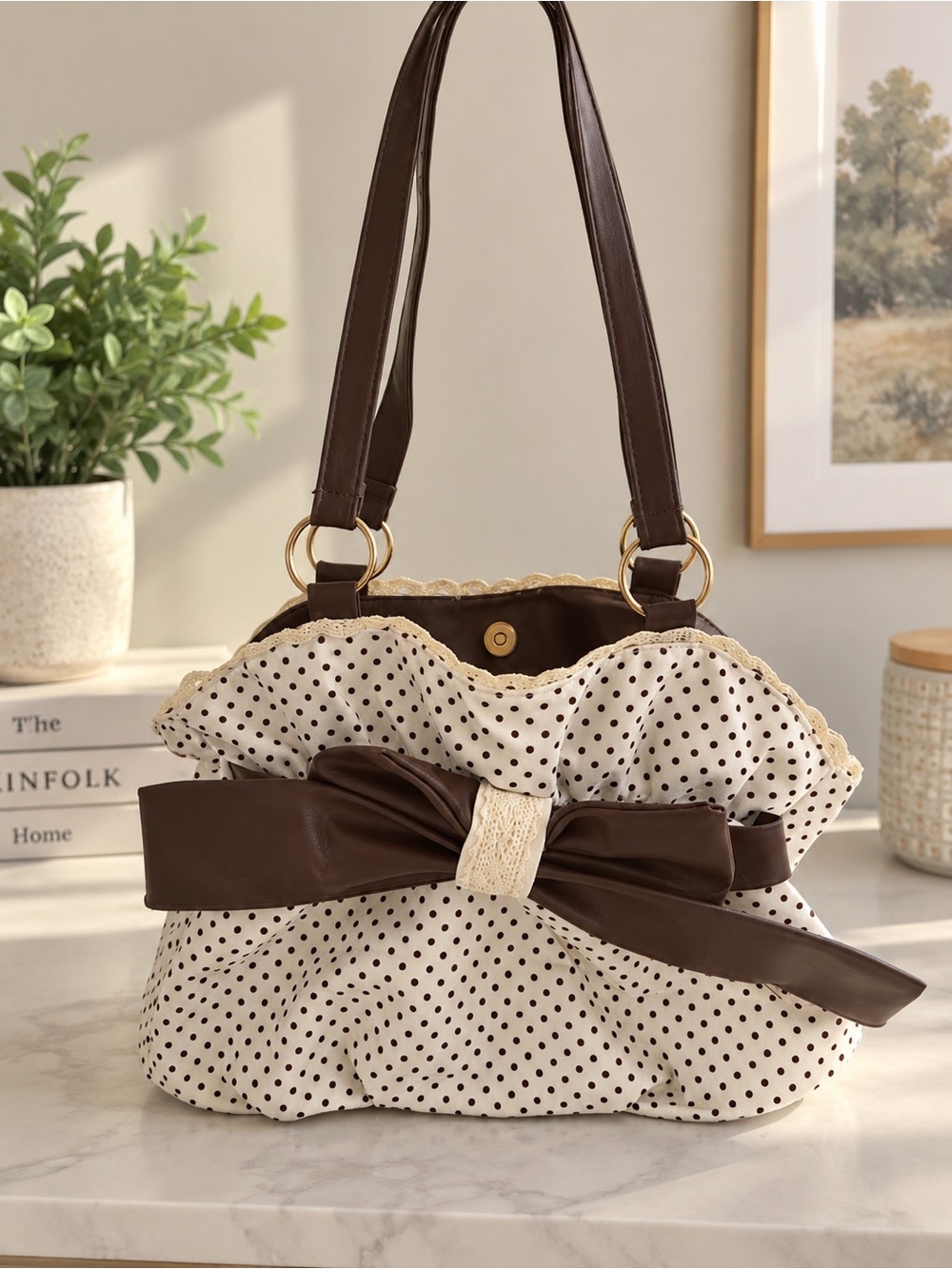 Polka Dot Ruffle Tote with Brown Bow
